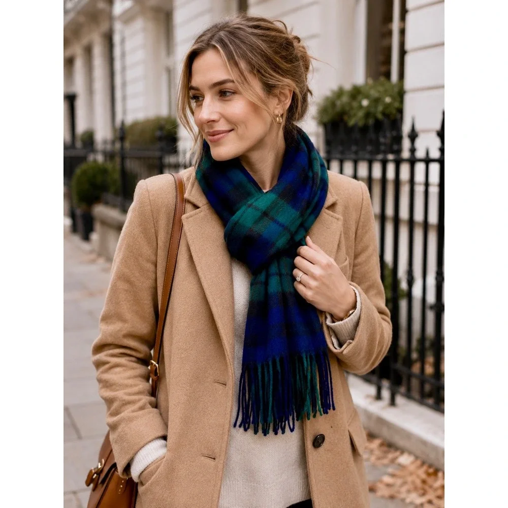 100% Cashmere Black Watch Plaid Scarf Made in Scotland Fringe
